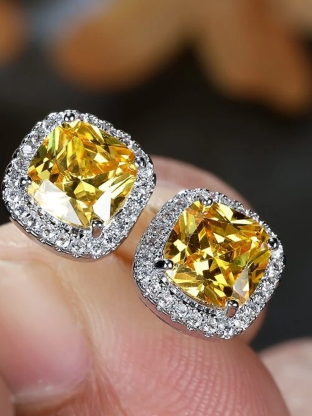 Yellow Cushion-Cut Halo Stud Earrings - Sparkling Women's Jewelry